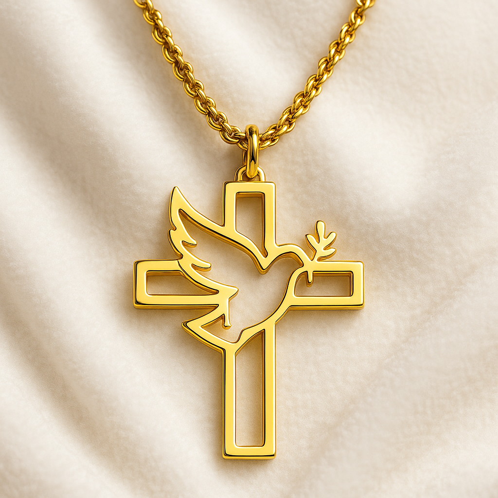 Colgante Cruz Paloma de la Paz acero inoxidable dorado para mujer.