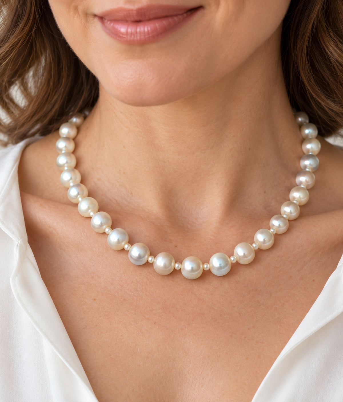 Mujer llevando collar clásico de perlas con pequeñas perlas separadoras.