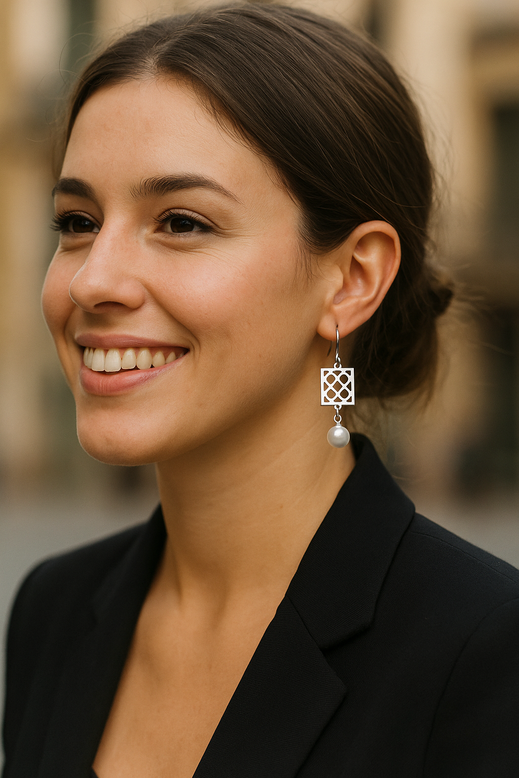 Pendientes de acero inoxidable plateado con la Flor de Barcelona y perla colgante para mujer.