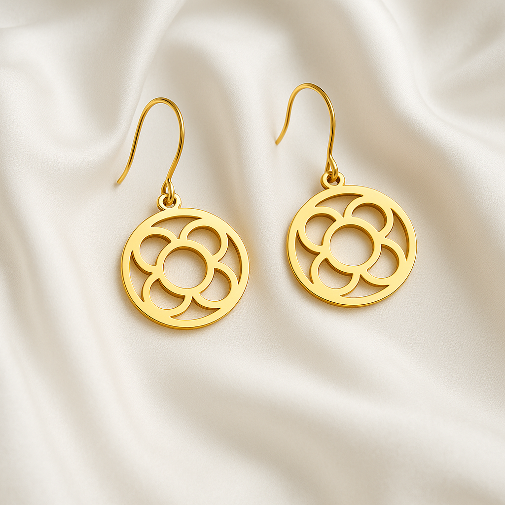 Pendientes de acero inoxidable dorado con Flor de Barcelona redonda para mujer.