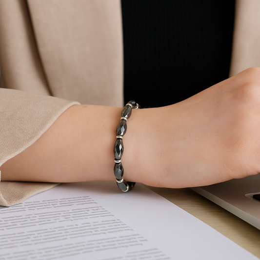 Pulsera de Hematite y discos de acero para mujer.