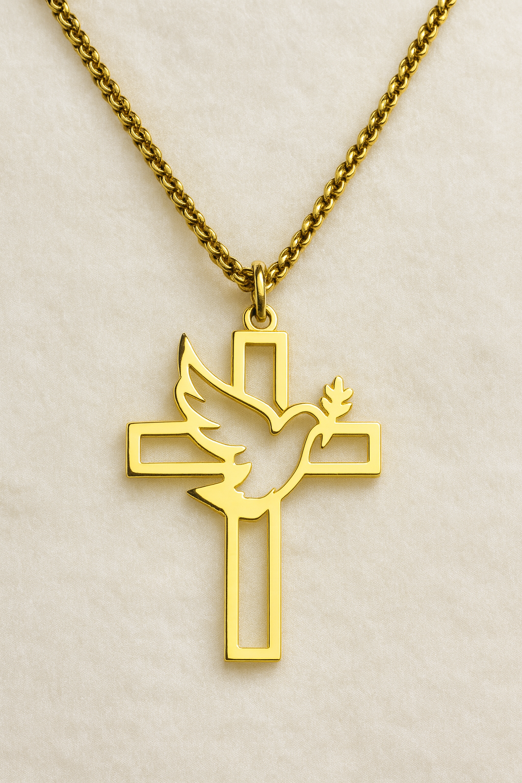 Colgante Cruz Paloma de la Paz acero inoxidable dorado para mujer.