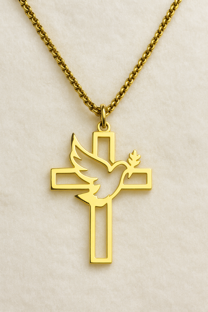 Colgante Cruz Paloma de la Paz acero inoxidable dorado para mujer.