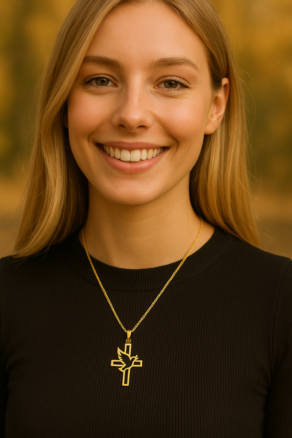 Colgante Cruz Paloma de la Paz acero inoxidable dorado para mujer.