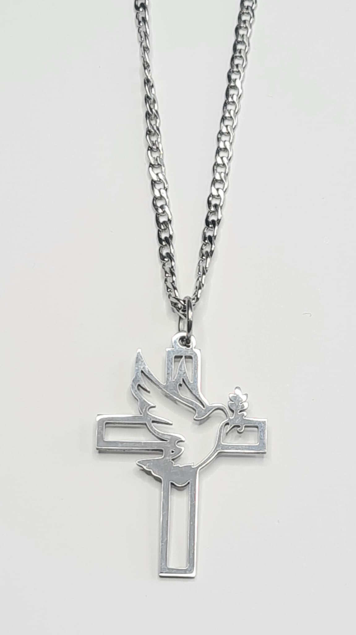 Colgante Cruz Paloma de la Paz acero inoxidable plateado para mujer.