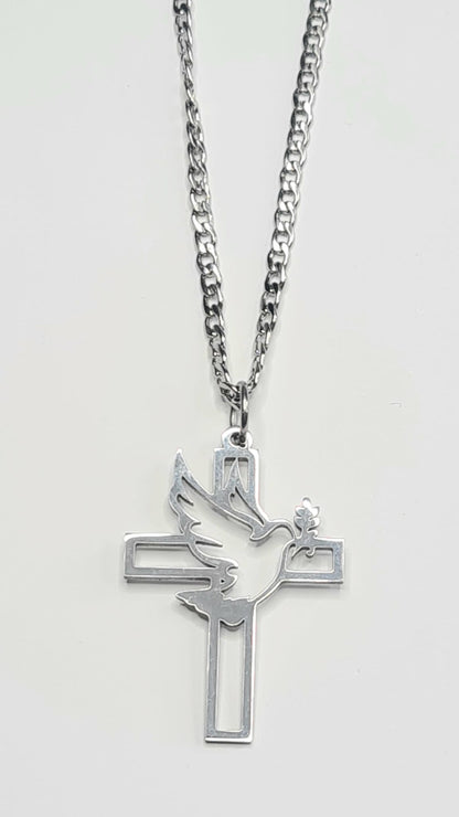 Colgante Cruz Paloma de la Paz acero inoxidable plateado para mujer.