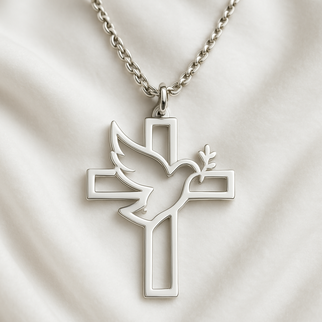 Colgante Cruz Paloma de la Paz acero inoxidable plateado para mujer.