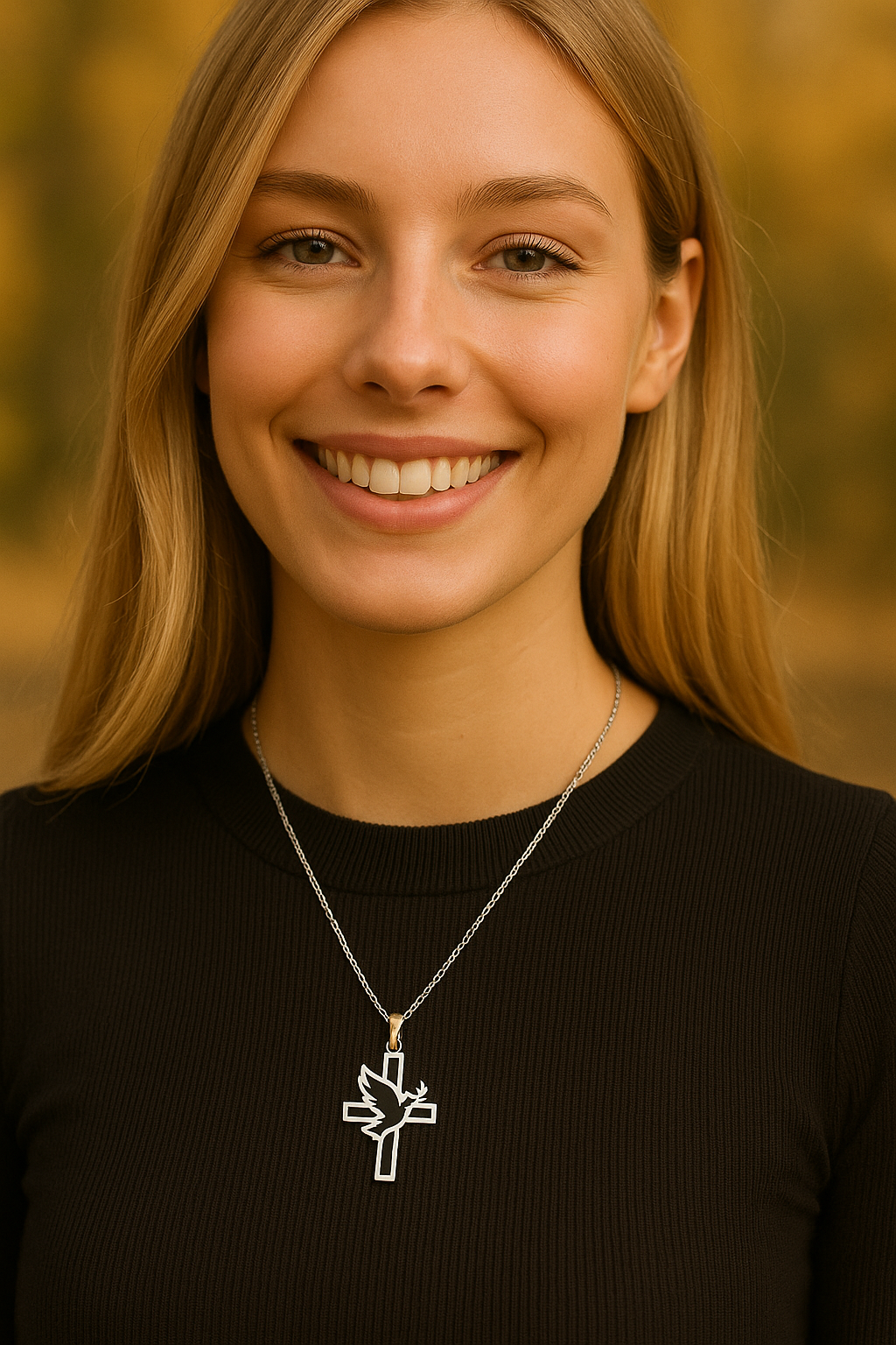 Colgante Cruz Paloma de la Paz acero inoxidable plateado para mujer.