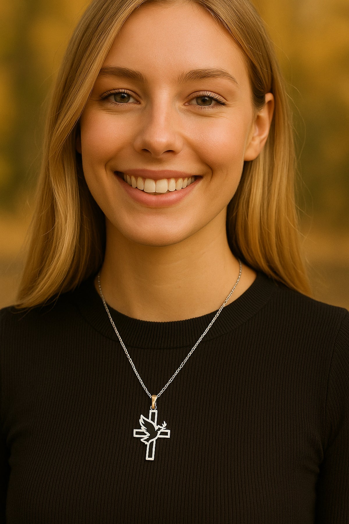 Mujer con colgante plateado de cruz y paloma sobre camiseta negra.