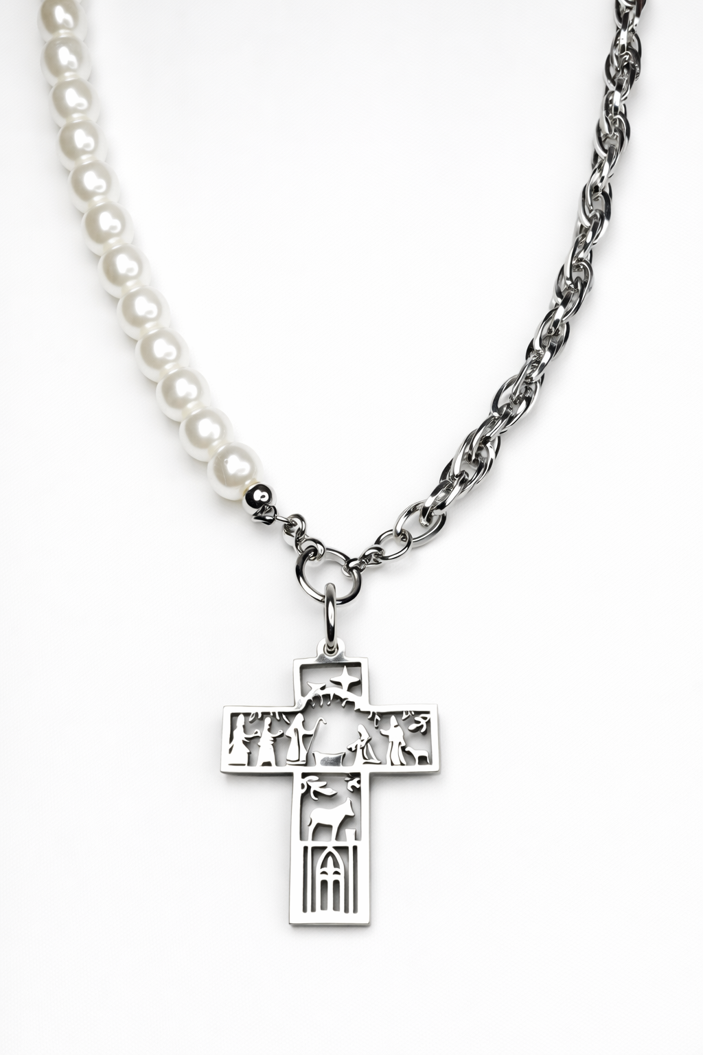 Colgante Cruz y Belén de acero inoxidable plateado y Perla para mujer.