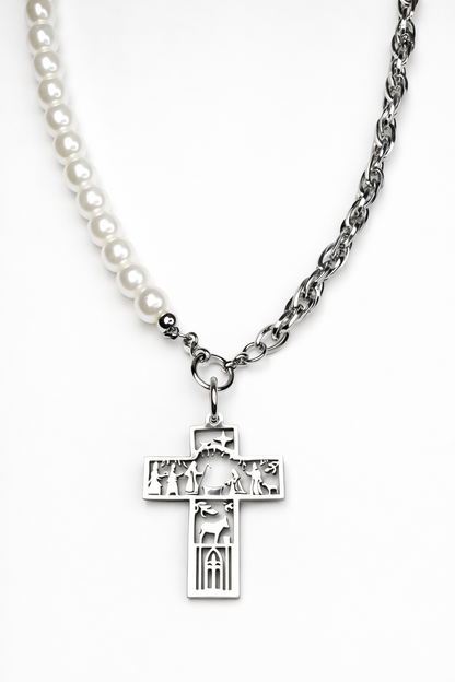 Colgante Cruz y Belén de acero inoxidable plateado y Perla para mujer.