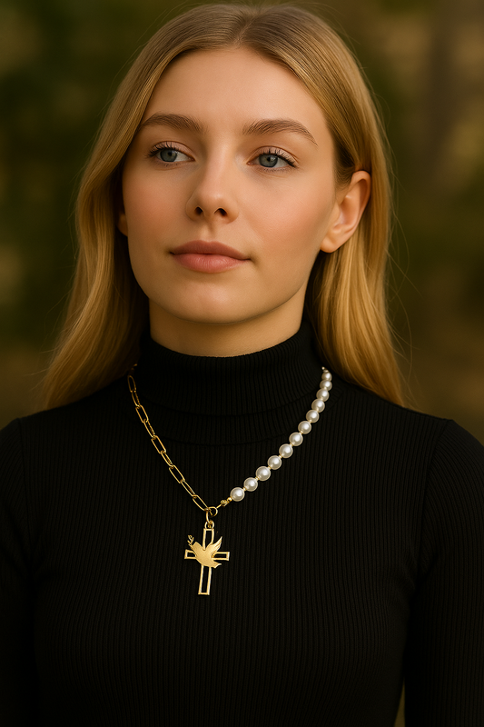 Colgante Cruz y Paloma de la Paz de acero inoxidable dorado y Perla para mujer.