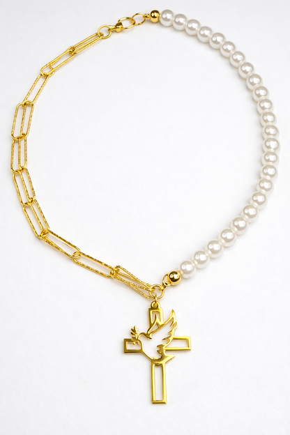 Colgante Cruz y Paloma de la Paz de acero inoxidable dorado y Perla para mujer.