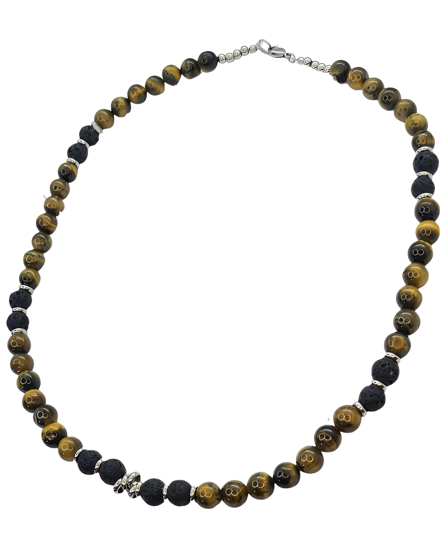 Collar de cuentas Ojo de Tigre, Lava volcánica y Discos de Acero. Posa sobre fondo blanco.