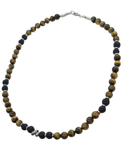 Collar de cuentas Ojo de Tigre, Lava volcánica y Discos de Acero. Posa sobre fondo blanco.