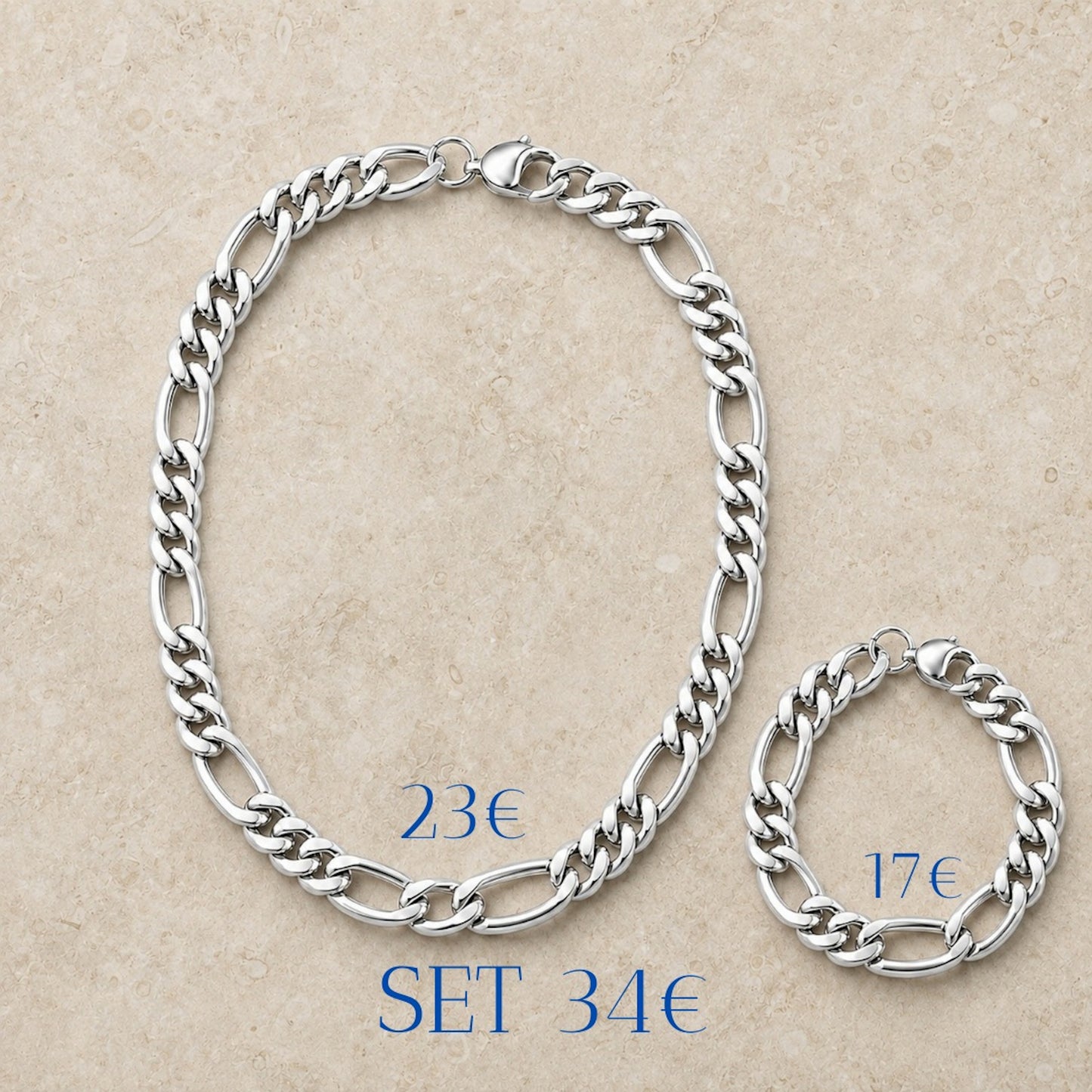 Cadena y pulsera Fígaro 9mm | Acero Inoxidable