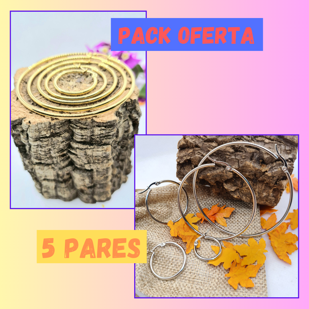 Pack de ofertas de aros de acero color plateado y dorado, diferentes medidas.