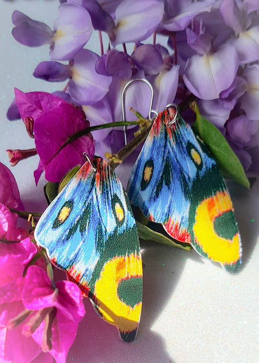 Pendientes Alas de Mariposa para mujer en Acero y Acrílico. Posa sobre flores.