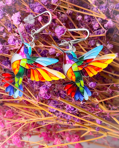 Pendientes Colibrí para mujer en Acero y Acrílico. Posa sobre ramas con flores.