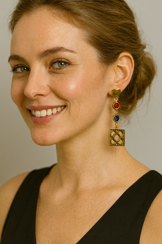 Pendientes con la Flor de Barcelona de acero inoxidable con cristal azul y rojo para mujer.