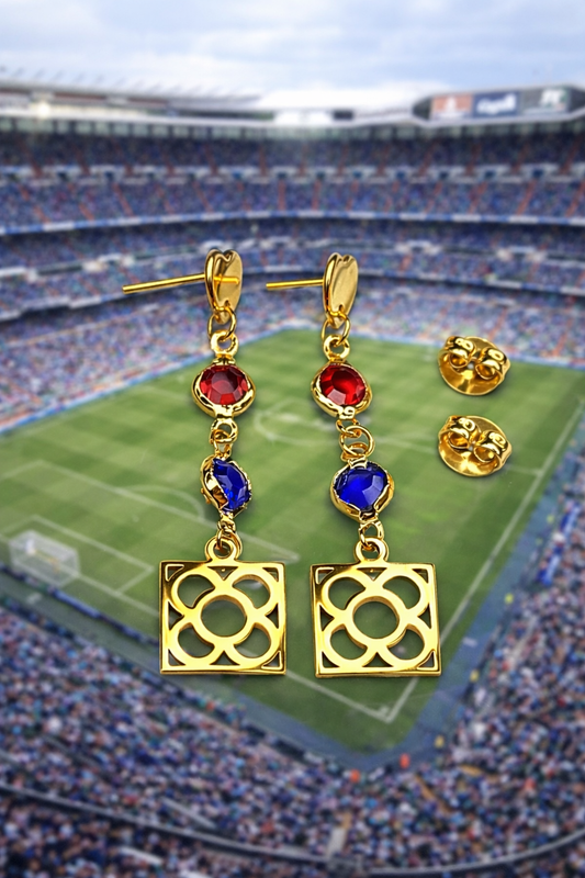 Pendientes con la Flor de Barcelona de acero inoxidable con cristal azul y rojo para mujer.