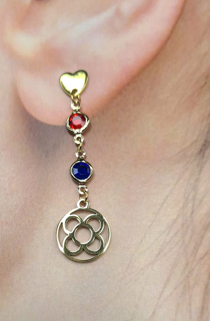 Pendientes con la Flor de Barcelona circular de acero inoxidable con cristal azul y rojo para mujer.