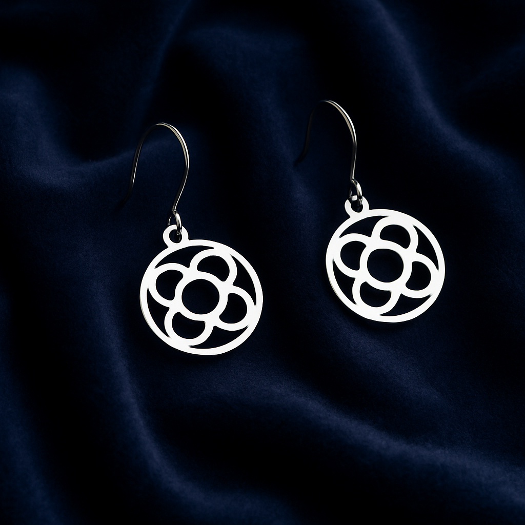 Pendientes de acero inoxidable plateado con Flor de Barcelona redonda para mujer.