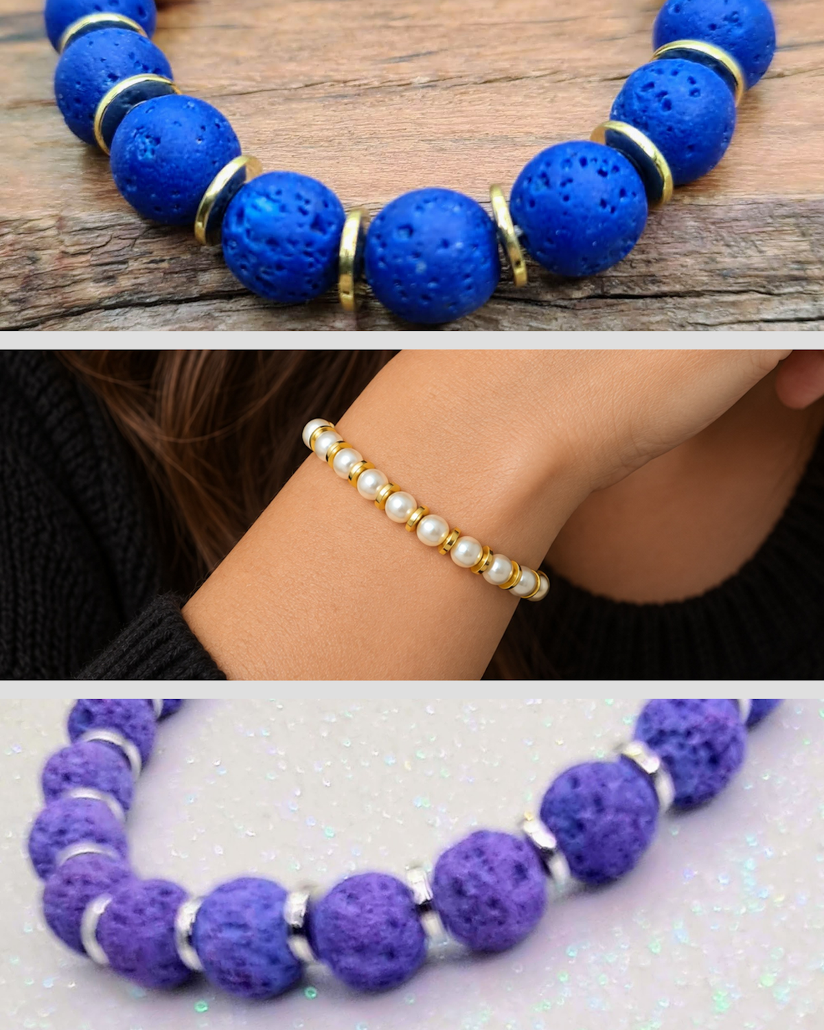 Collage de las 3 opciones ofrecidas: pulsera de perlas con discos dorados, lava azul también con discos dorados y lava lila con discos plateados.