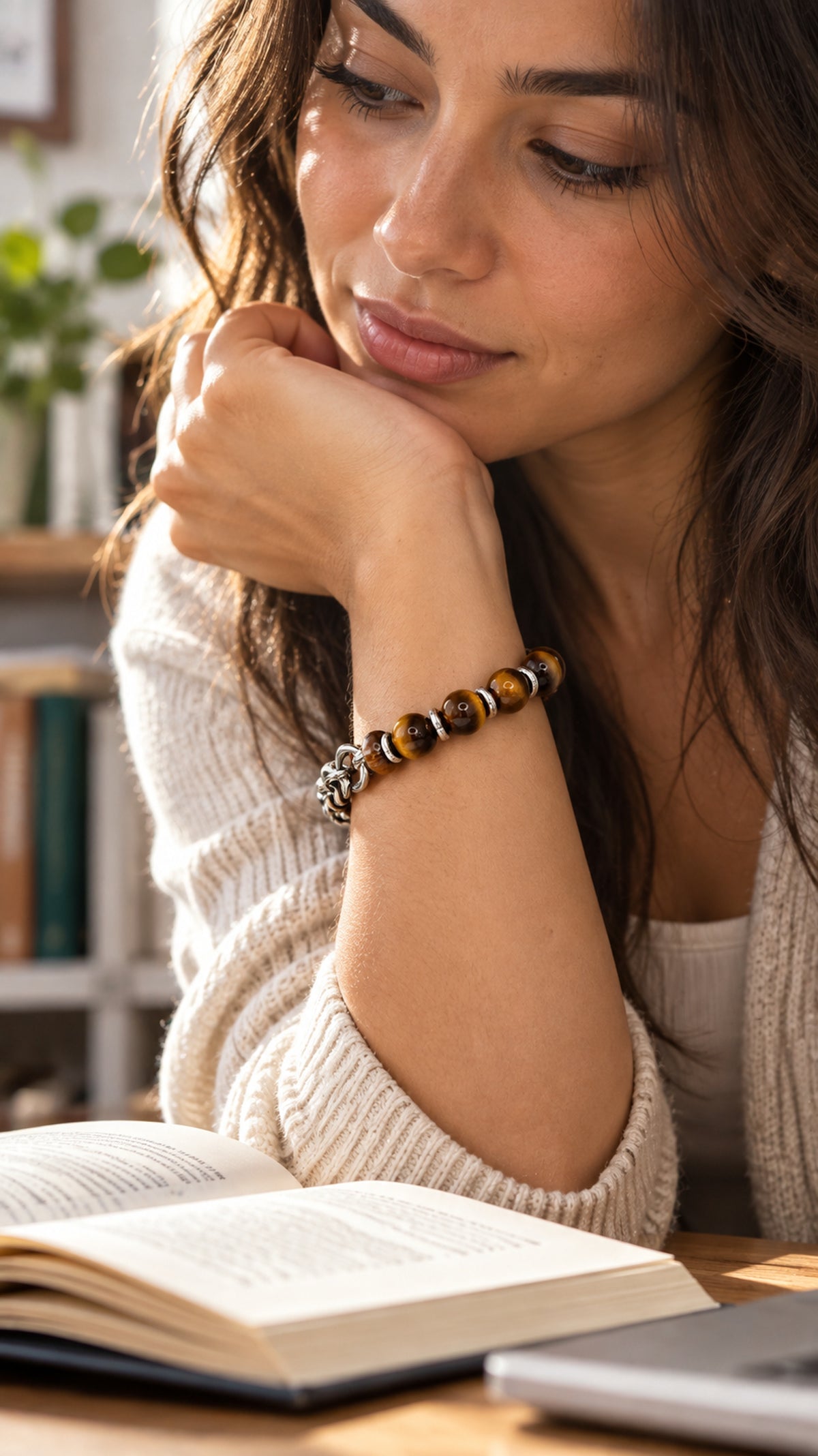 Pulsera de ojo de tigre y acero inoxidable llevada por una mujer.