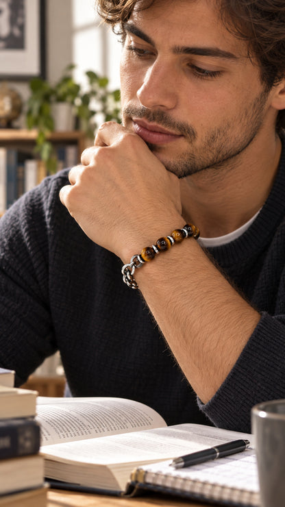 Pulsera de ojo de tigre y acero inoxidable llevada por un hombre.