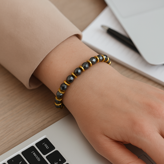 Pulsera de Hematite y discos de acero para mujer.