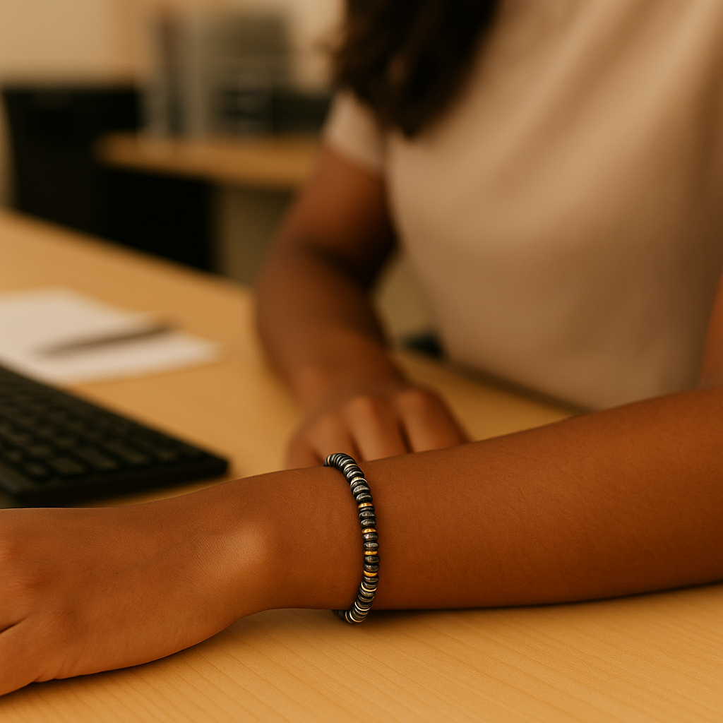 Pulsera de Discos de Hematite y Discos Plateados para mujer.