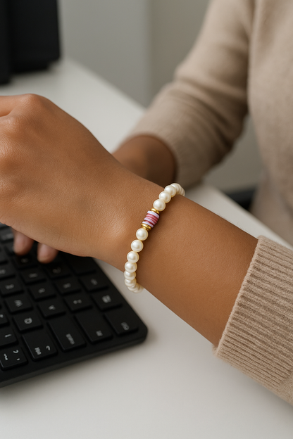 Pulsera de Perlas de agua dulce y Discos de Cerámica Lila para mujer.