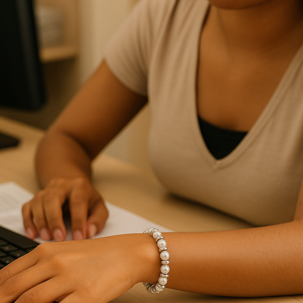 Pulsera de Perlas de agua dulce y Discos Plateados para mujer.