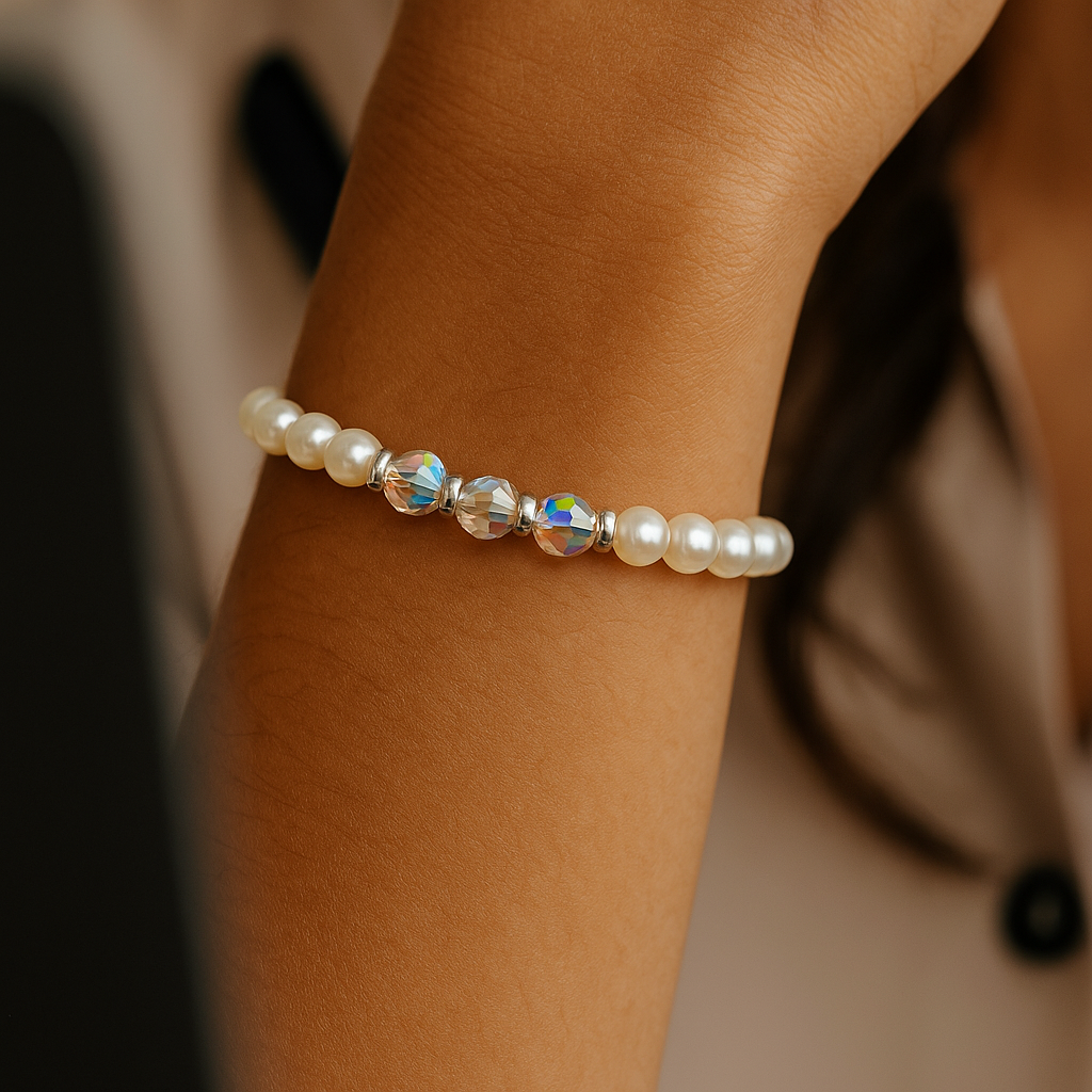 Pulsera de Perlas y Cristales color Aurora Boreal para mujer.