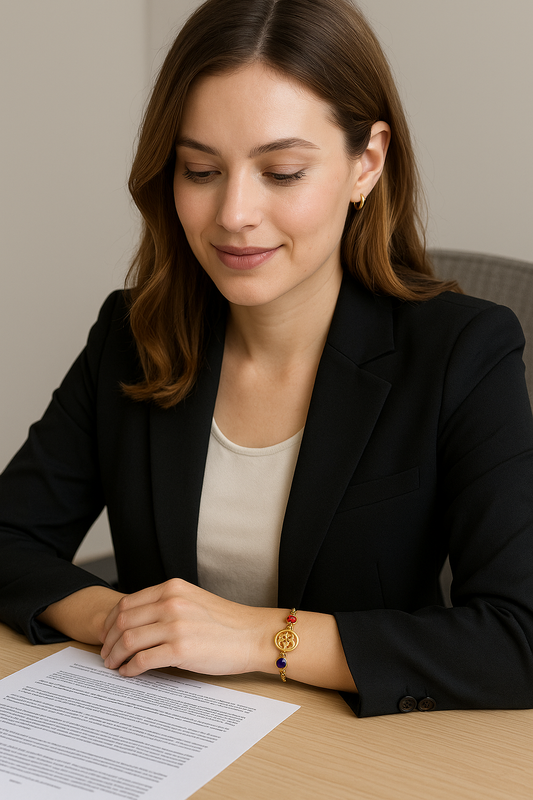 Pulsera con la Flor de Barcelona redonda de acero inoxidable con cristal azul y rojo para mujer.