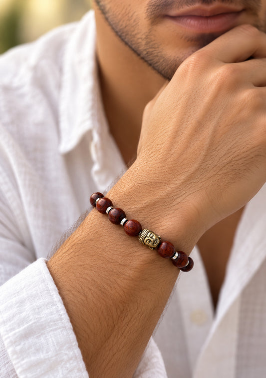 Hombre llevando una pulsera de cuentas de madera con motivo central de Buda en la muñeca.